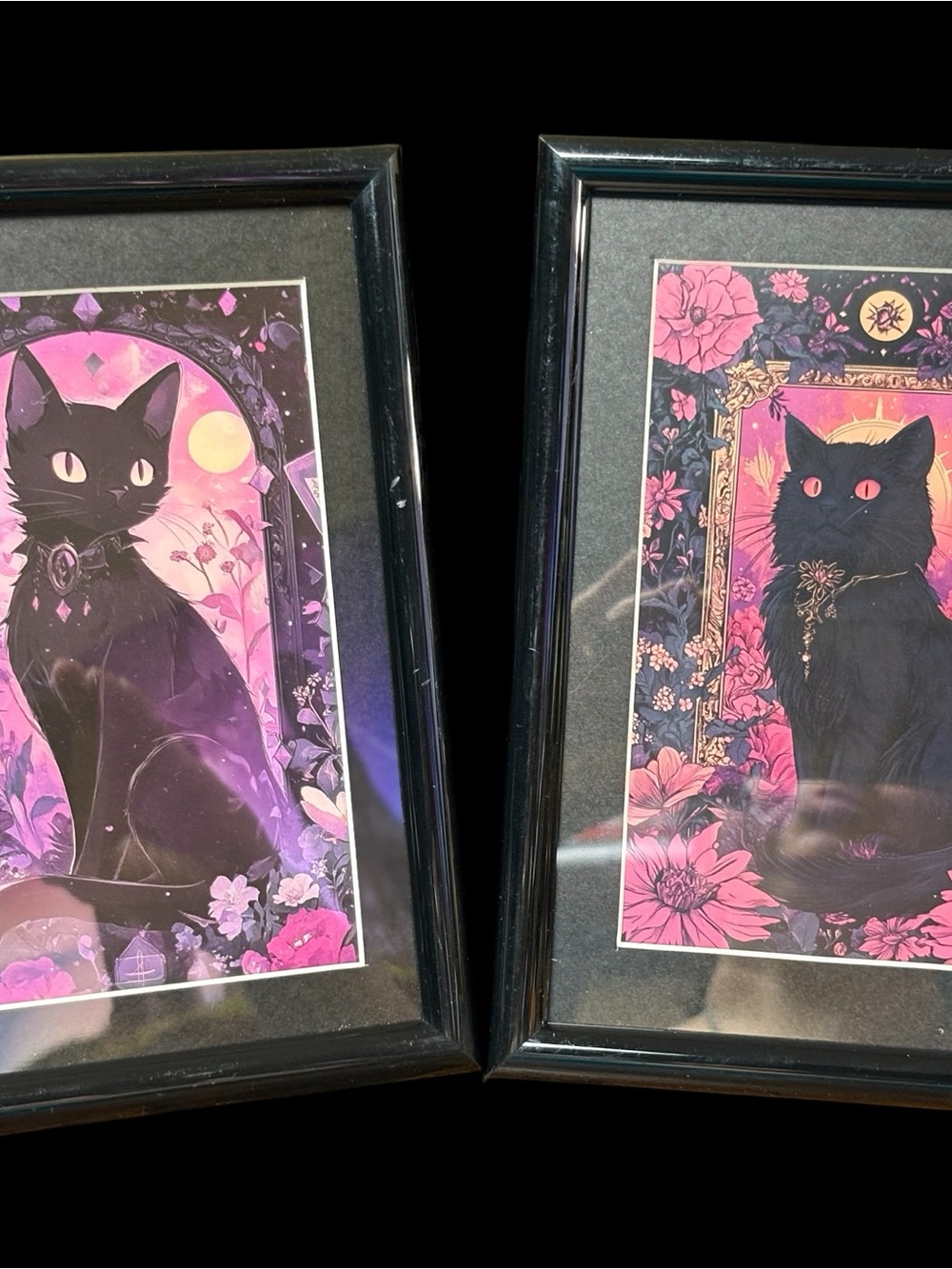 Pink & Purple Black Cat Framed Art Print Set – 2 Pieces | Witchy Floral Décor
